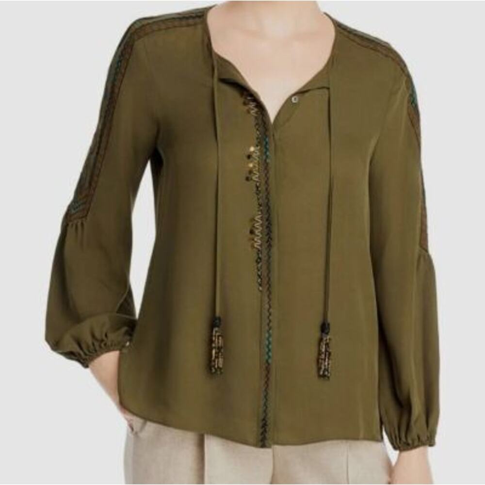Kobi Halperin Silk Sequin Beaded Olive Embroidered Maeve Blouse GUC XS READ
